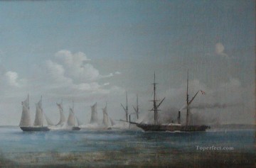 Orlogsskibet Hekla i kamp med tyske kanonbade 16 de agosto de 1850 Batalla naval Pinturas al óleo
